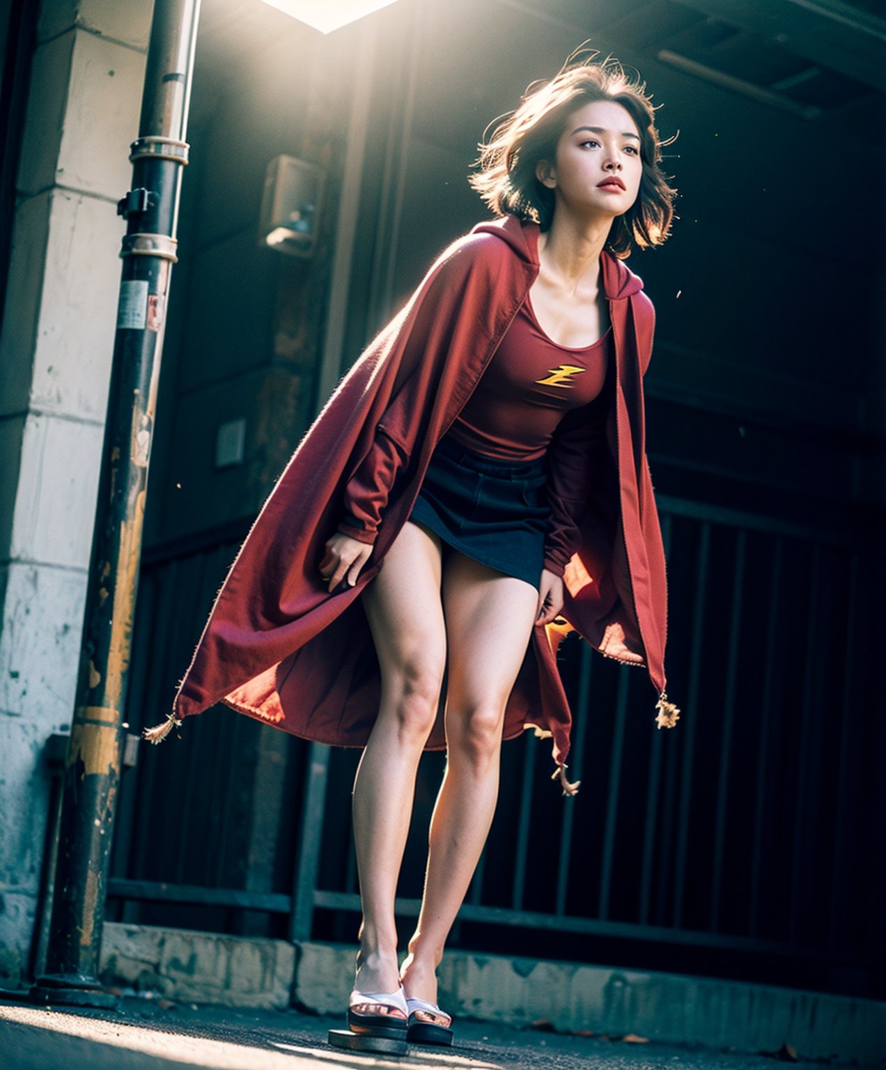  The role of superwoman in the movie flash, (((levitating on the mid air:1 )), feet not in contact with the ground,on street,Cloak,full-body:2, high detail, ultra detailed skin texture, amazing, photorealistic, unusually detailed, sunlight, hdr , 4k, film lighting, Leica 35mm prime lens (photorealistic:1.4),black short hair, 1 girl, natural lighting, from below, (best quality),incredibly detailed, stage, best quality, ultra high res, (photorealistic:1.4), 1girl