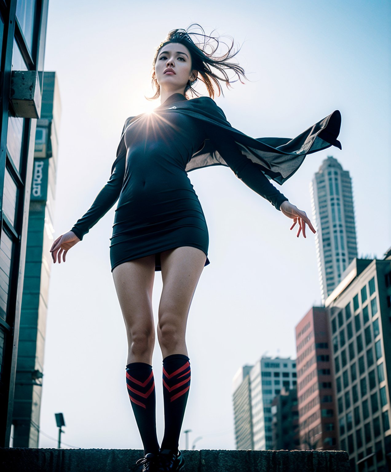  The role of superwoman in the movie flash, (((levitating on the air)), on street,Cloak,full-body:2, high detail, ultra detailed skin texture, amazing, photorealistic, unusually detailed, sunlight, hdr , 4k, film lighting, Leica 35mm prime lens (photorealistic:1.4),black short hair, 1 girl, natural lighting, from below, (best quality),incredibly detailed, stage, best quality, ultra high res, (photorealistic:1.4), 1girl