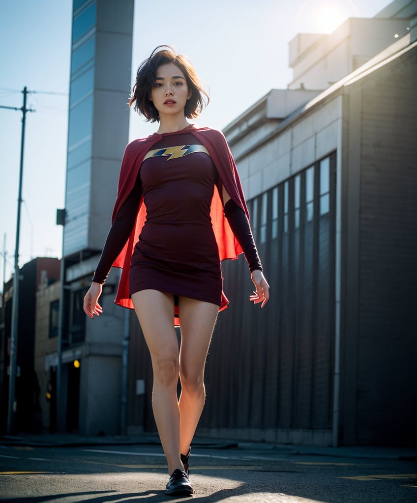  The role of superwoman in the movie flash, (((levitating on the air)), on street,Cloak,full-body:2, high detail, ultra detailed skin texture, amazing, photorealistic, unusually detailed, sunlight, hdr , 4k, film lighting, Leica 35mm prime lens (photorealistic:1.4),black short hair, 1 girl, natural lighting, from below, (best quality),incredibly detailed, stage, best quality, ultra high res, (photorealistic:1.4), 1girl