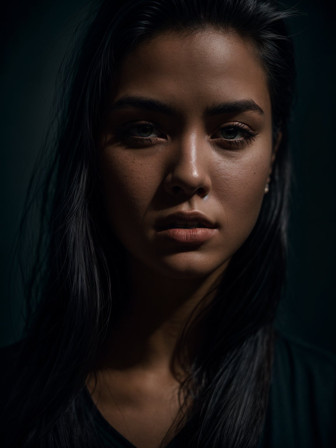 close-up, editorial photograph of a 20 yo woman from the 1940's), (highly detailed face:1.4) (smile:0.7) (background inside dark, moody, private study:1.3), POV, by lee jeffries, nikon d850, film stock photograph ,4 kodak portra 400 ,camera f1.6 lens ,rich colors ,hyper realistic ,lifelike texture, dramatic lighting , cinestill 800,dark studio,dark theme