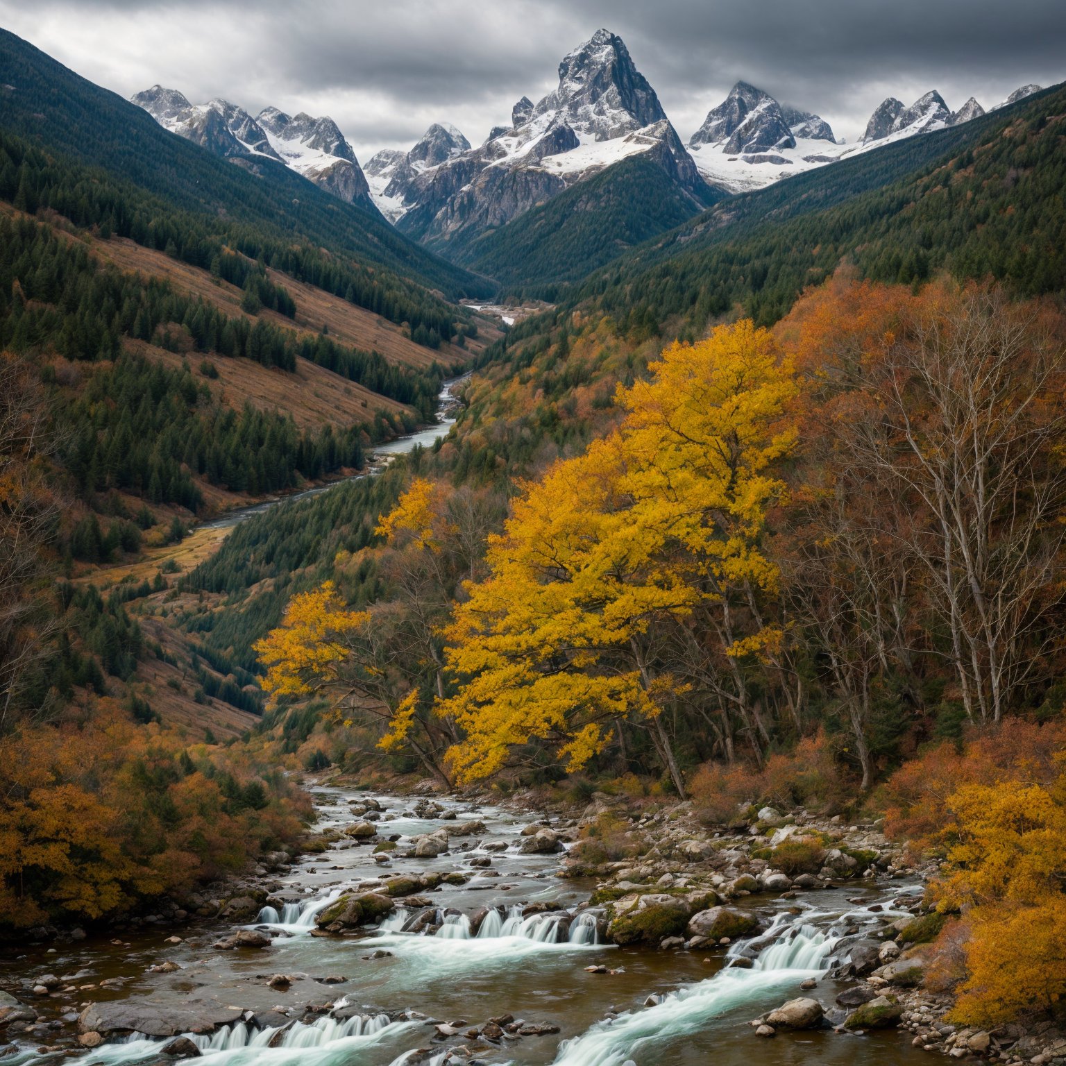 Produce an image that showcases the serene resilience of nature in the face of change. Picture a breathtaking landscape where nature's elements harmoniously coexist, undisturbed by external influences. Depict a scene where ancient trees, mighty mountains, and gentle streams stand firm, evoking a sense of unwavering stability amid the passing of time.