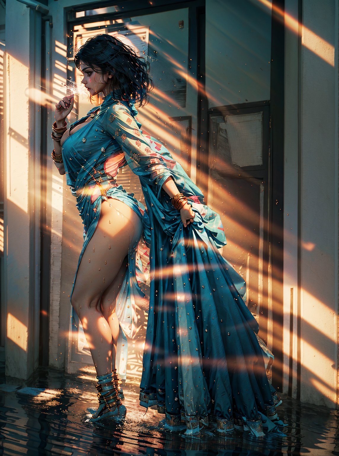 Indian girl, fair skinned, curvy, big breasts, bend over  pose, wet transparent dress, thick long dark hair, breast cleavage visible, full body,colorful_woman,Indian,	 SILHOUETTE LIGHT PARTICLES