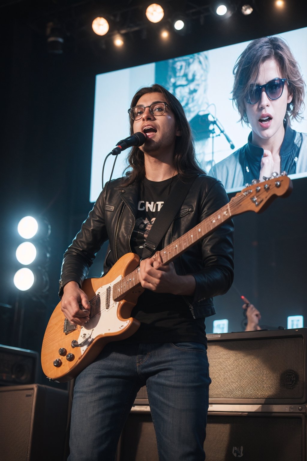 1 male, 25 years old, long curly hair, dark blue T-shirt, leather jacket, wearing glasses, jeans, playing electric guitar.    Night concert stage background  heavy singing posture  photorealistic     Half body photo, 8K resolution