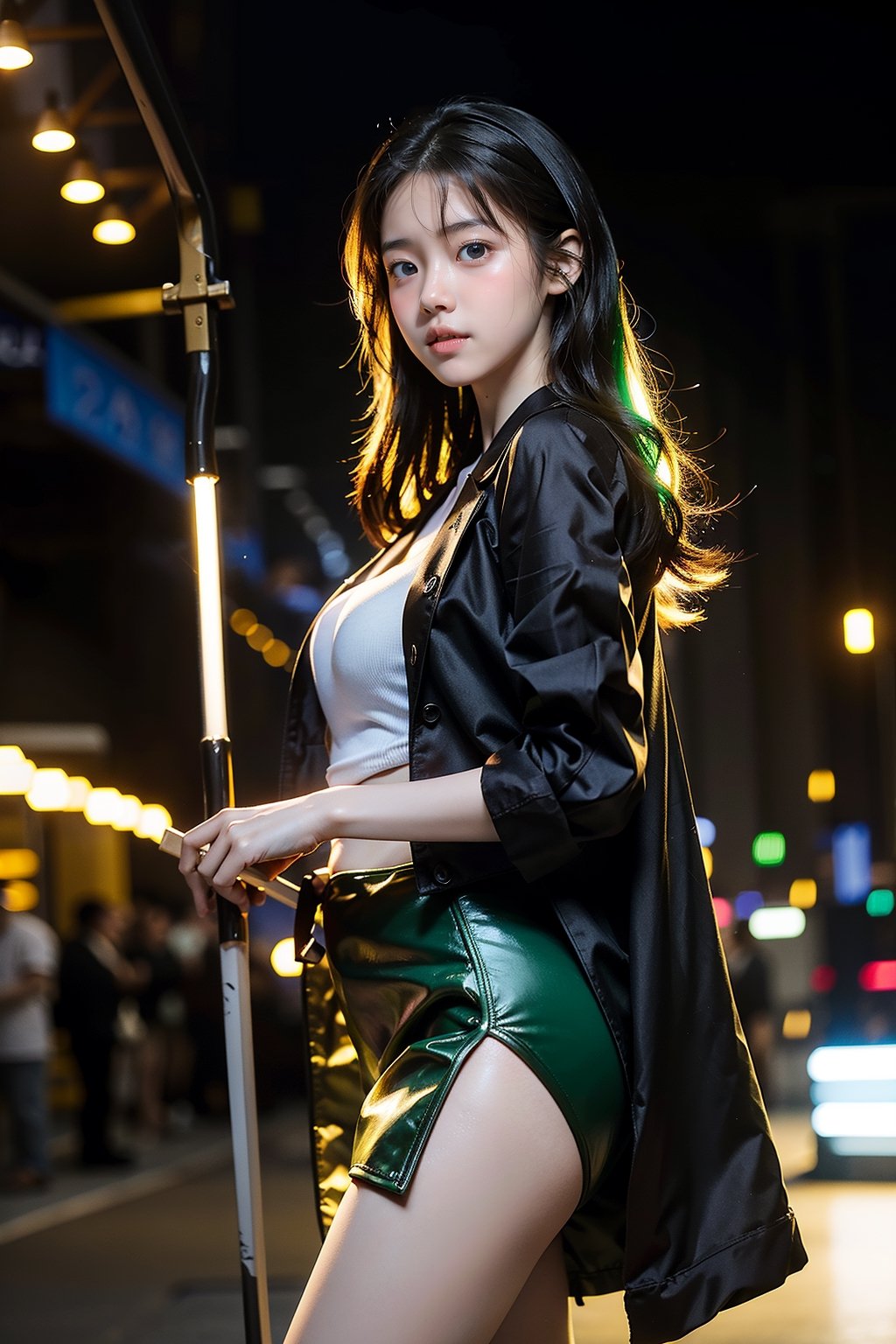 The resolution is absolutely ridiculous. 18 years old. Young woman. Sexy woman.   Perspective. Highly detailed illustration. Woman. Wearing a robe.   Medium bust      perfect hand  Standing holding a long-handled axe, killer style, slender fingers, detailed eyes, medium-length hair, green hair, green eyes, long, tight skirt.      Detailed background  capital city tokyo night  Multi-colored neon lights   perfect eyes      Amazing eyes looking from