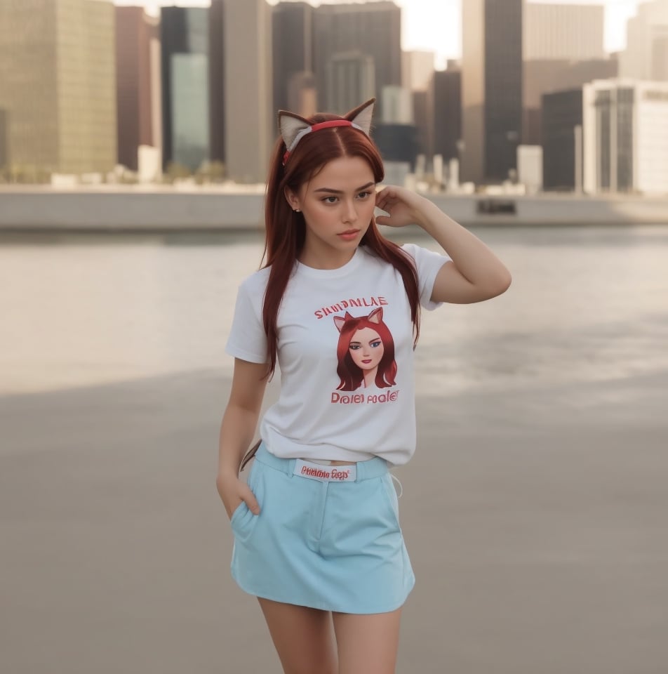 all red brunette hair, sexy body, ultra details, sharp, best artist, sweating, clothes, 1girl, barbie logo on the shirt, cat head band ears, facing frontview,