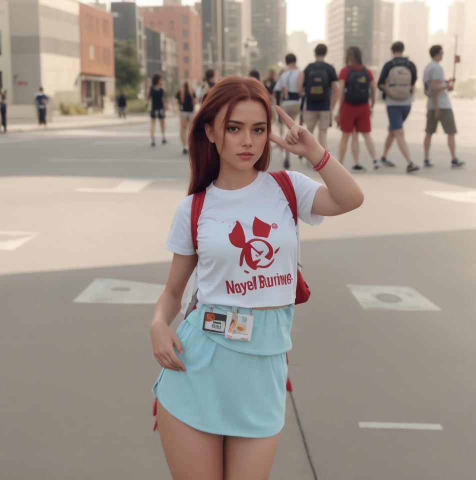 all red brunette hair, sexy body, ultra details, sharp, best artist, sweating, clothes, 1girl, carrying backpack, peace sign on the left hand, barbie logo on the shirt,