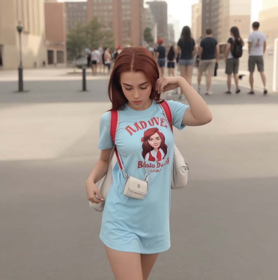 all red brunette hair, sexy body, ultra details, sharp, best artist, sweating, clothes, 1girl, carrying backpack, barbie logo on the shirt,