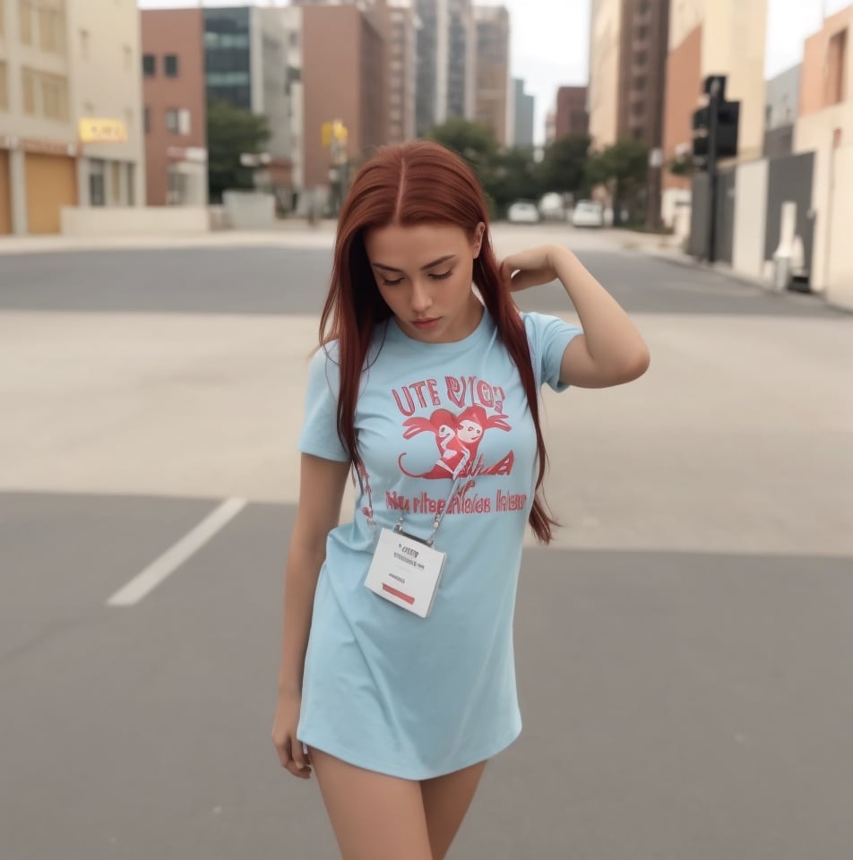 all red brunette hair, sexy body, ultra details, sharp, best artist, sweating, clothes, 1girl, barbie logo on the shirt,