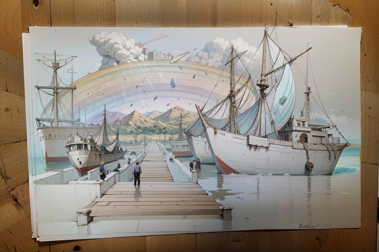 ship on shore, ((rainbow)), ((Realistic)), (Masterpiece, Best Quality), fantasy, art, Crystal valley BG