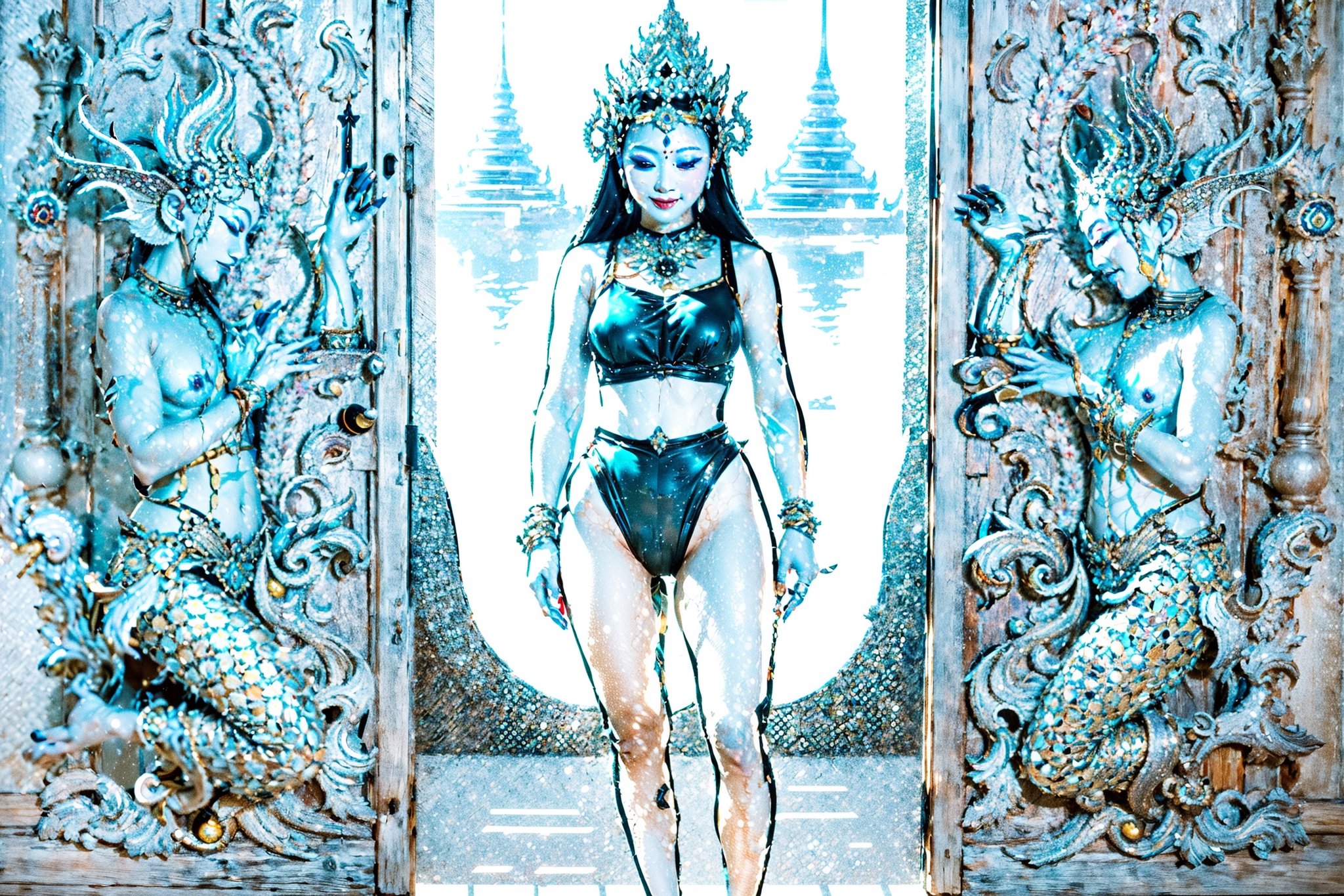 anciant art, swiming suite, (sacred), wooden door on stage, Thai culture, high_resolution, 