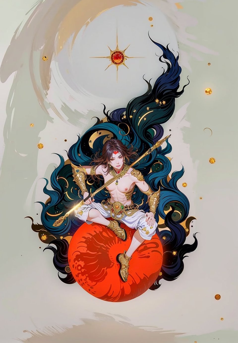 king demon in red cloth, ((gold and jewelry)), ((oriental style)) sitting on the sun, holding long spiral club, (((Glowing hot sun))), Bright sun, ((sun light)), (Masterpiece, Best Quality), art, fantasy} Universe background