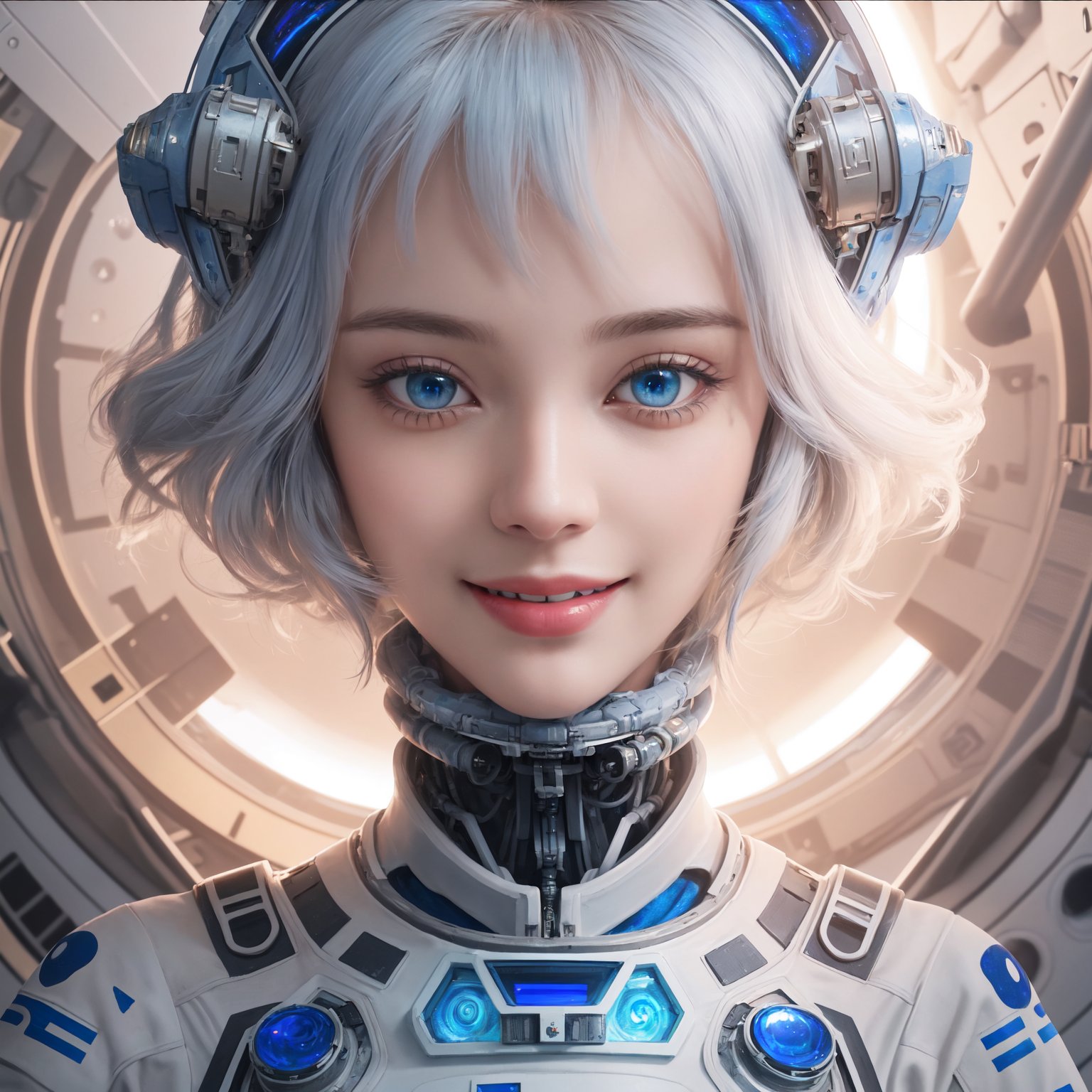 smiling, tender smile, lovely face, realistic blue eyes, beautiful blue eyes,bio luminescent, plasma, mecha arms, robotic arms, exoskeleton, mecha face, symbiosis. furutistic cyber space suit, highly intricate details, photo of the most beautiful artwork in the world featuring soft lustrous, endangered orbital space station location, space station interior environment, astronaut brunette girl, 8k unity render, action shot, (vibrant, photo realistic, realistic, dramatic, sharp focus, 8k), (intricate weathered worn astronaut outfit:1.2), (intricate:1.1), (highly detailed:1.1), digital painting, octane render, artstation