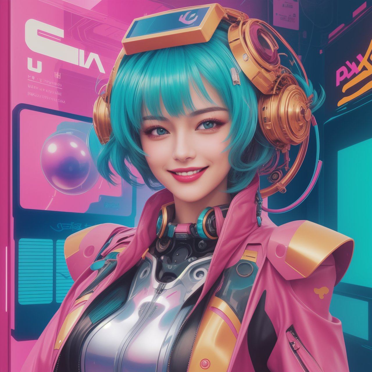 smiling woman, Vaporwave, surreal, humorous. Uhd pexels ultrarealistic skin texture Action-packed holo retro cyberpunk curvacious smiling proudly android haidresser with biomechanical eyes elegantly high fashion in a cyber futuristic photobooth, mirror