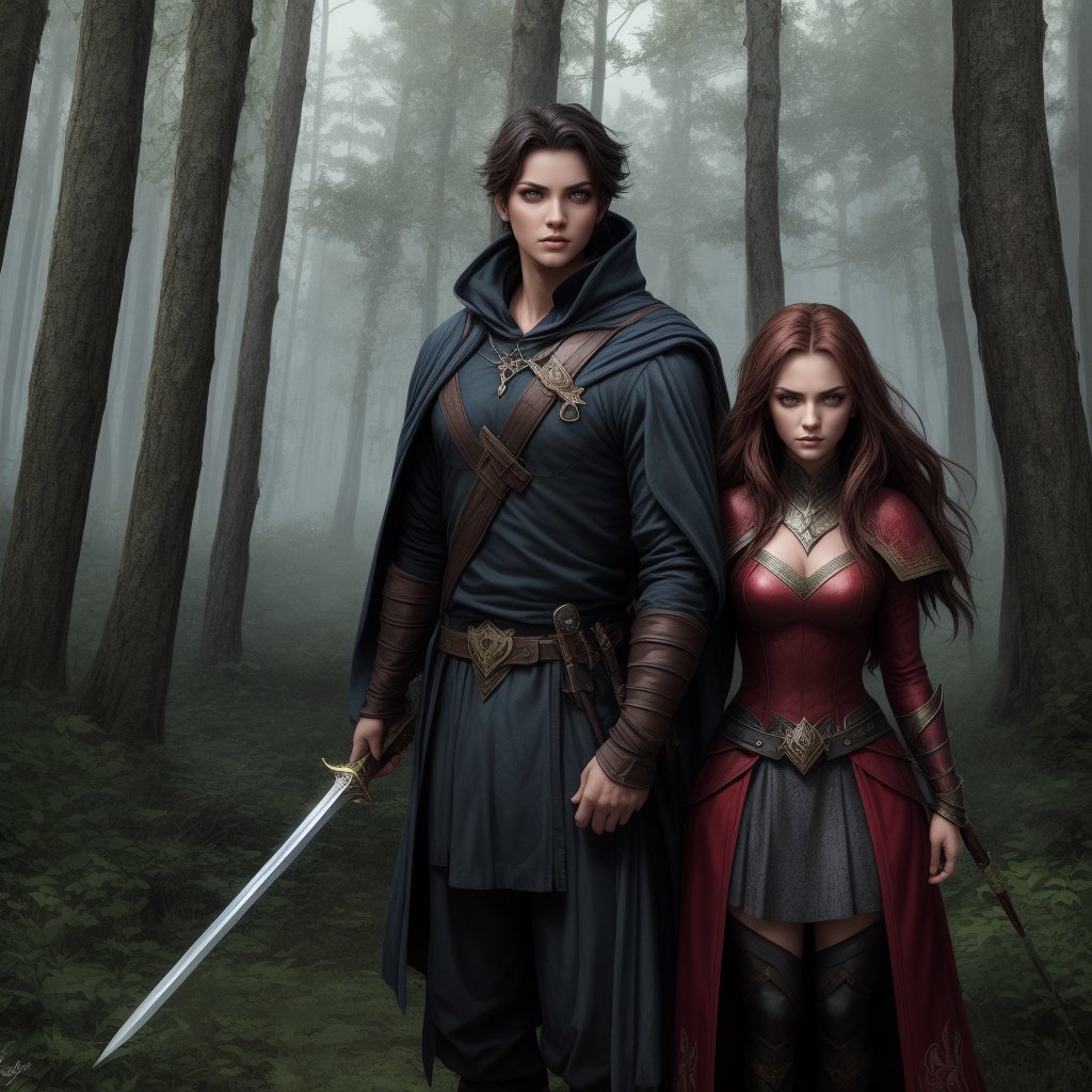 A young couple stands in an enchanted forest, surrounded by towering trees and magical creatures. She’s a warrior, with a sword at her side and a fierce look in her eyes. He’s a wizard, with a staff in hand and an aura of power around him. Despite their attraction, there’s a hint of tension between them as they navigate the complexities of love in a fantasy world.