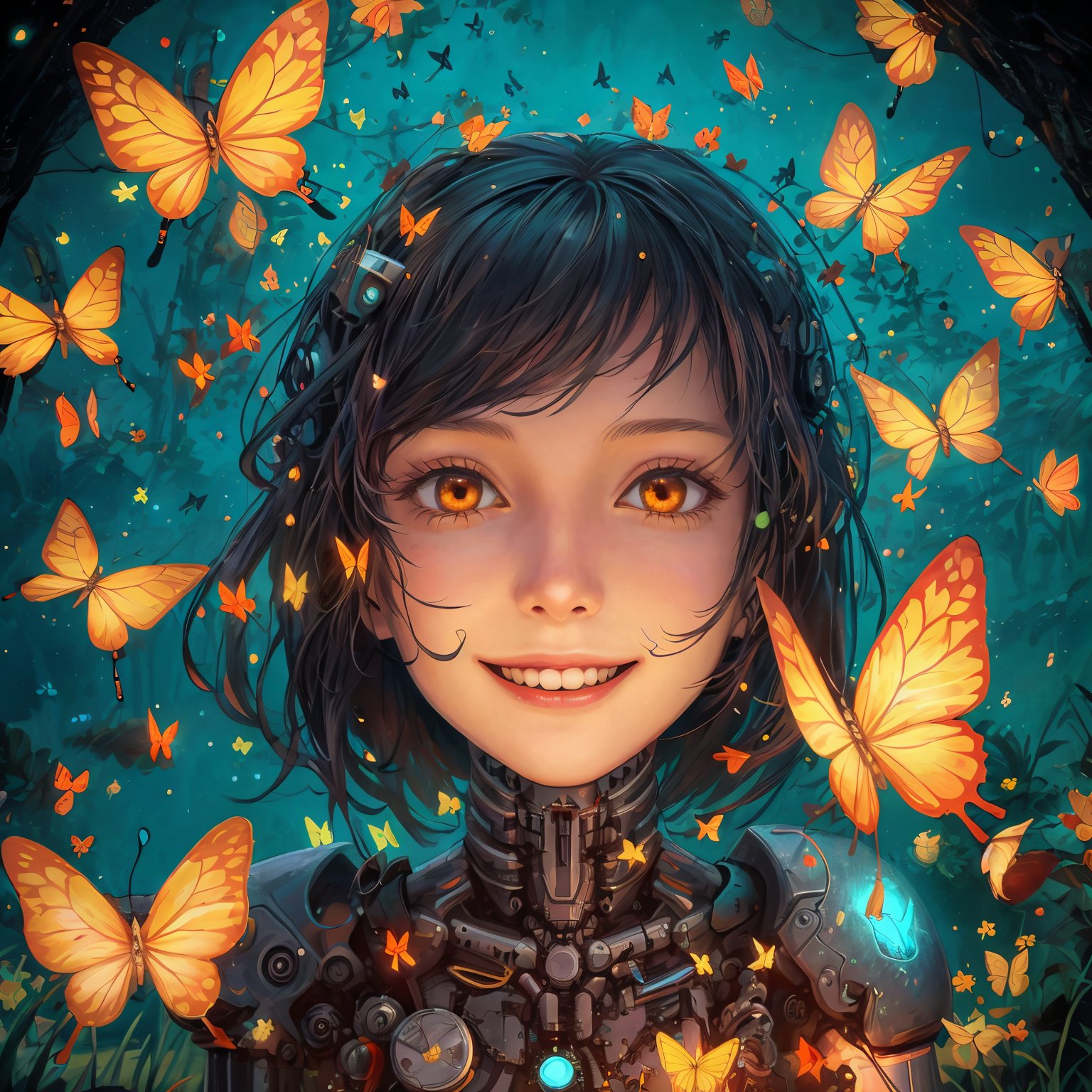 Realistic. whimsical surreal scene. smiling young cyber mechanical woman face as matroska doll nesting surrounded by friendly lovable fireflies and butterflies.