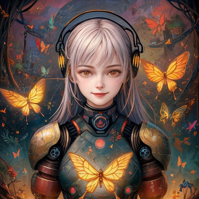 Realistic. whimsical surreal scene. smiling young cyber mechanical woman face as matroska doll nesting surrounded by friendly lovable fireflies and butterflies.