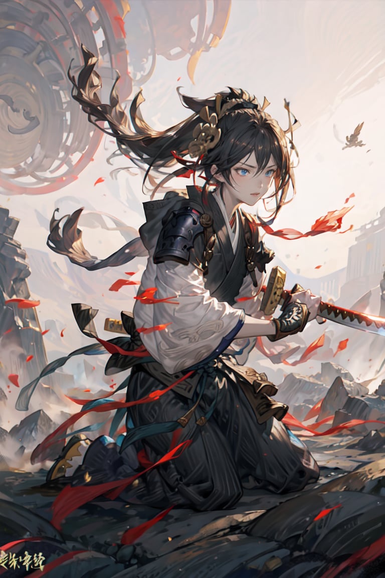 1male, 16k, hd, detailed, futuristic, masterpiece,katana,samurai, detailed face, complex_background,no_humans, detailed face, beautiful detailed eyes), High contrast, (best illumination, an extremely delicate and beautiful),dynamic pose, warzone,((holding dark sword with two hands, katana))

,vane /(granblue fantasy/),zhongfenghua