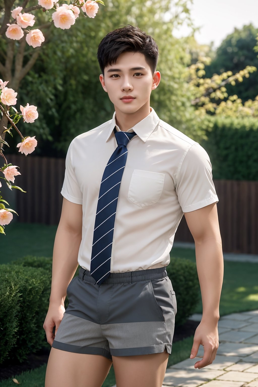 masterpiece,1 boy,Young,Handsome,Look at me,Short hair,Tea hair,Students,White shirt,Striped tie,Gray shorts,Stand,Outdoor,Garden,Peach tree,Flying petals,Light and shadow,HDR,textured skin,super detail,best quality,