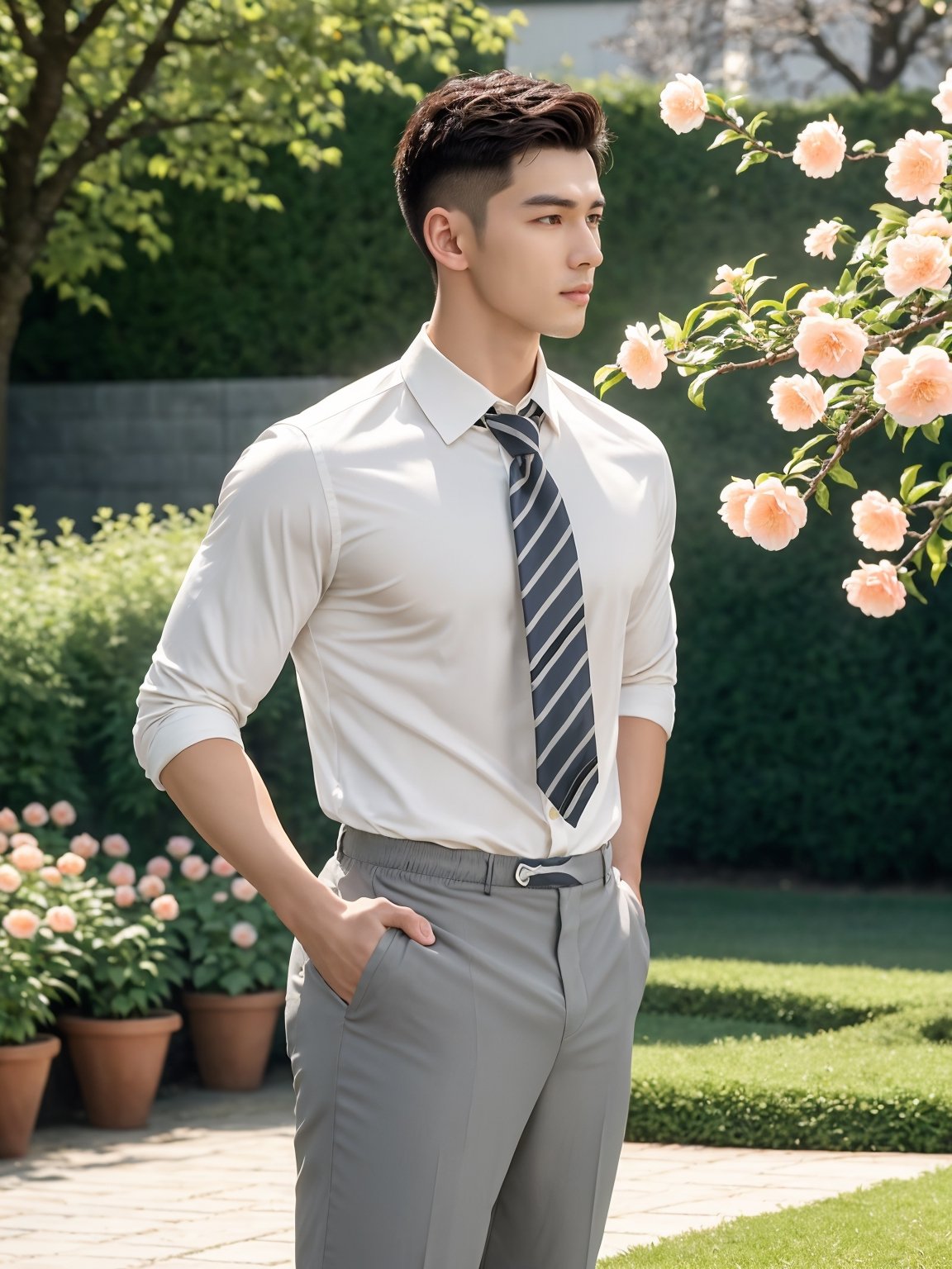 masterpiece,1 boy,Young,Handsome,Look at me,Short hair,Tea hair,Students,White shirt,Striped tie,Gray shorts,Stand,Outdoor,Garden,Peach tree,Flying petals,Light and shadow,HDR,textured skin,super detail,best quality,Germany Male,handsome male