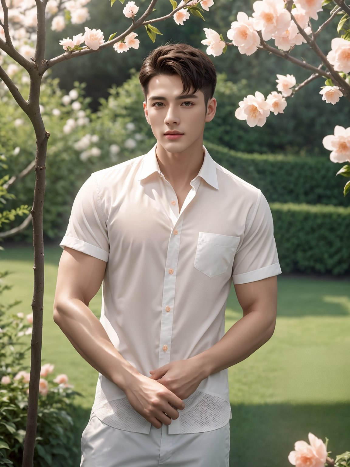 masterpiece, 1 Man, Handsome, Look at me, Brown eyes, Short hair, Oil head, White shirt, 22 years old, Outdoor, Garden, Peach tree, Flying petals, textured skin, super detail, best quality