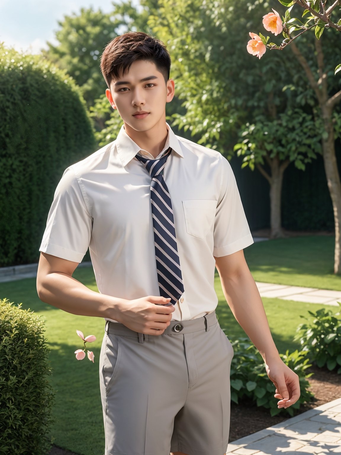 masterpiece,1 boy,Young,Handsome,Look at me,Short hair,Tea hair,Students,White shirt,Striped tie,Gray shorts,Stand,Outdoor,Garden,Peach tree,Flying petals,Light and shadow,HDR,textured skin,super detail,best quality,