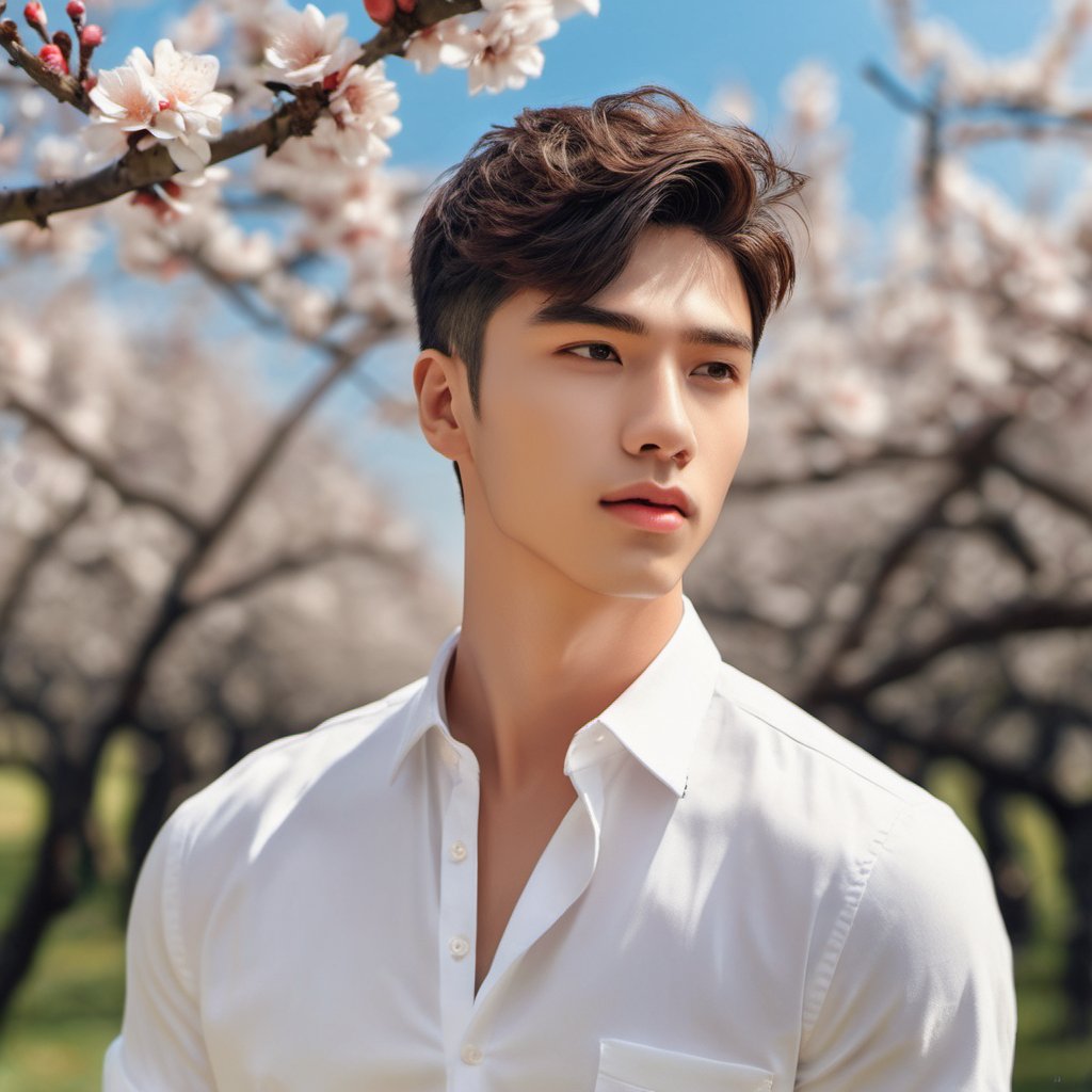 masterpiece, 1 Man, Handsome, Look at me, Brown eyes, Short hair, Oil head, White shirt, 22 years old, Outdoor, Garden, Peach tree, Flying petals, textured skin, super detail, best quality 