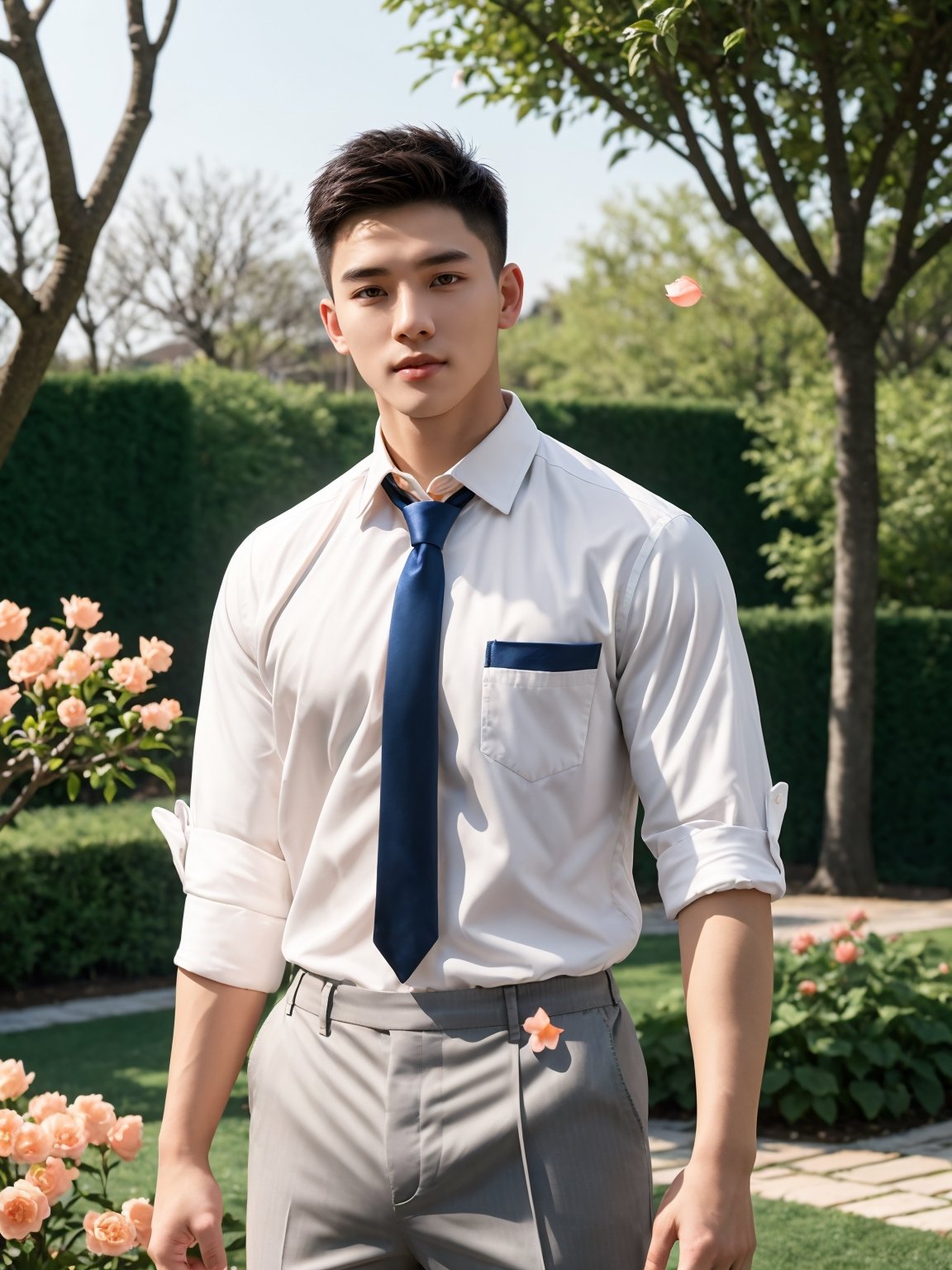 masterpiece,1 boy,Young,Handsome,Look at me,Short hair,Tea hair,Students,White shirt,Striped tie,Gray shorts,Stand,Outdoor,Garden,Peach tree,Flying petals,Light and shadow,HDR,textured skin,super detail,best quality,