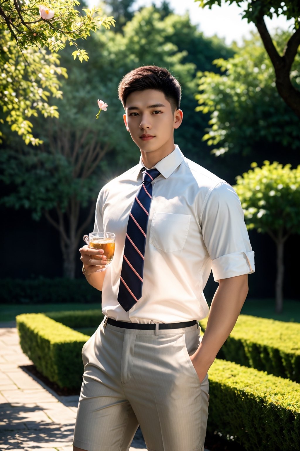 masterpiece,1 boy,Young,Handsome,Look at me,Short hair,Tea hair,Students,White shirt,Striped tie,Gray shorts,Stand,Outdoor,Garden,Peach tree,Flying petals,Light and shadow,HDR,textured skin,super detail,best quality,