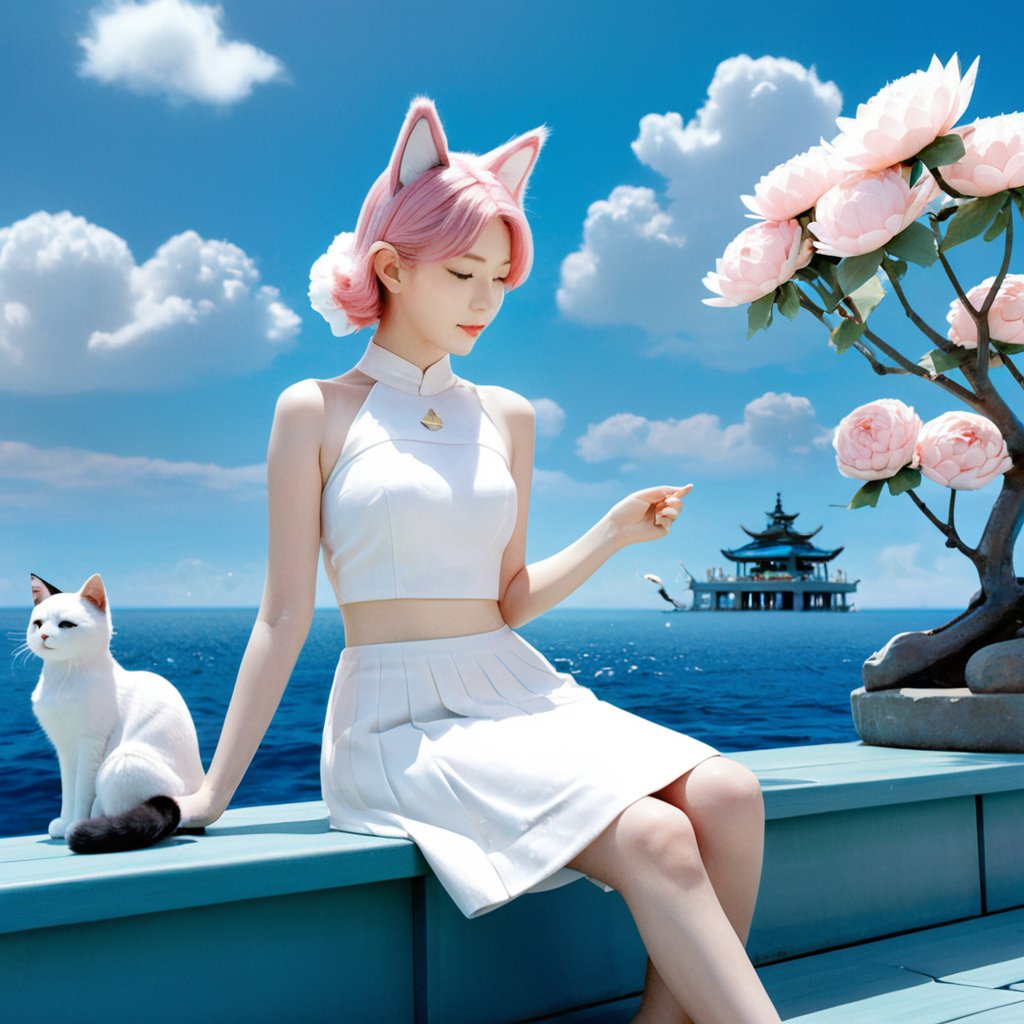 masterpiece, 1 girl, Look at me, Lovely, Cat ear, Put one hand on your waist., White skirt, Pink dish hair, Outdoor, Light blue sky, Park, Sit on a bench, White flowers, textured skin, super detail, best quality,LinkGirl,huayu,shenshou,Spirit Fox Pendant,underwater,mecha,6000,1girl,abstract paintings,naked_towel,NYFlowerGirl