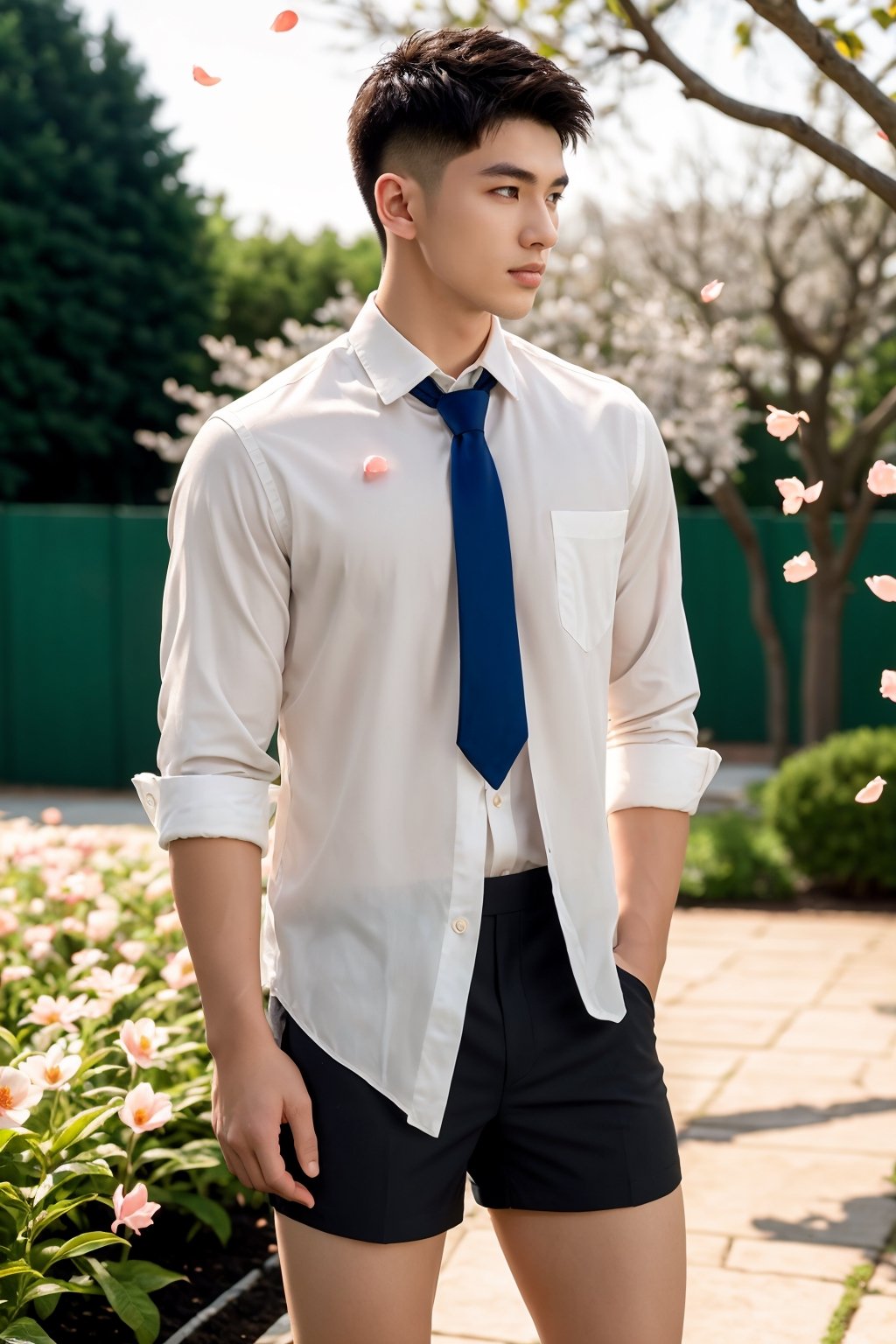 masterpiece,1 boy,Young,Handsome,Look at me,Short hair,Tea hair,Students,White shirt,Striped tie,Gray shorts,Stand,Outdoor,Garden,Peach tree,Flying petals,Light and shadow,HDR,textured skin,super detail,best quality,