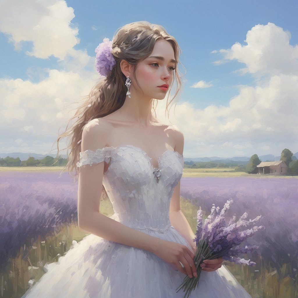masterpiece, 1 girl, Look at me, Beautiful, Light makeup, Wearing a white wedding dress, Head yarn, Diamond Earrings, Outdoor, Light blue sky, Clouds, Lavender flower field, textured skin, super detail, best quality,AngelicStyle,dripping paint