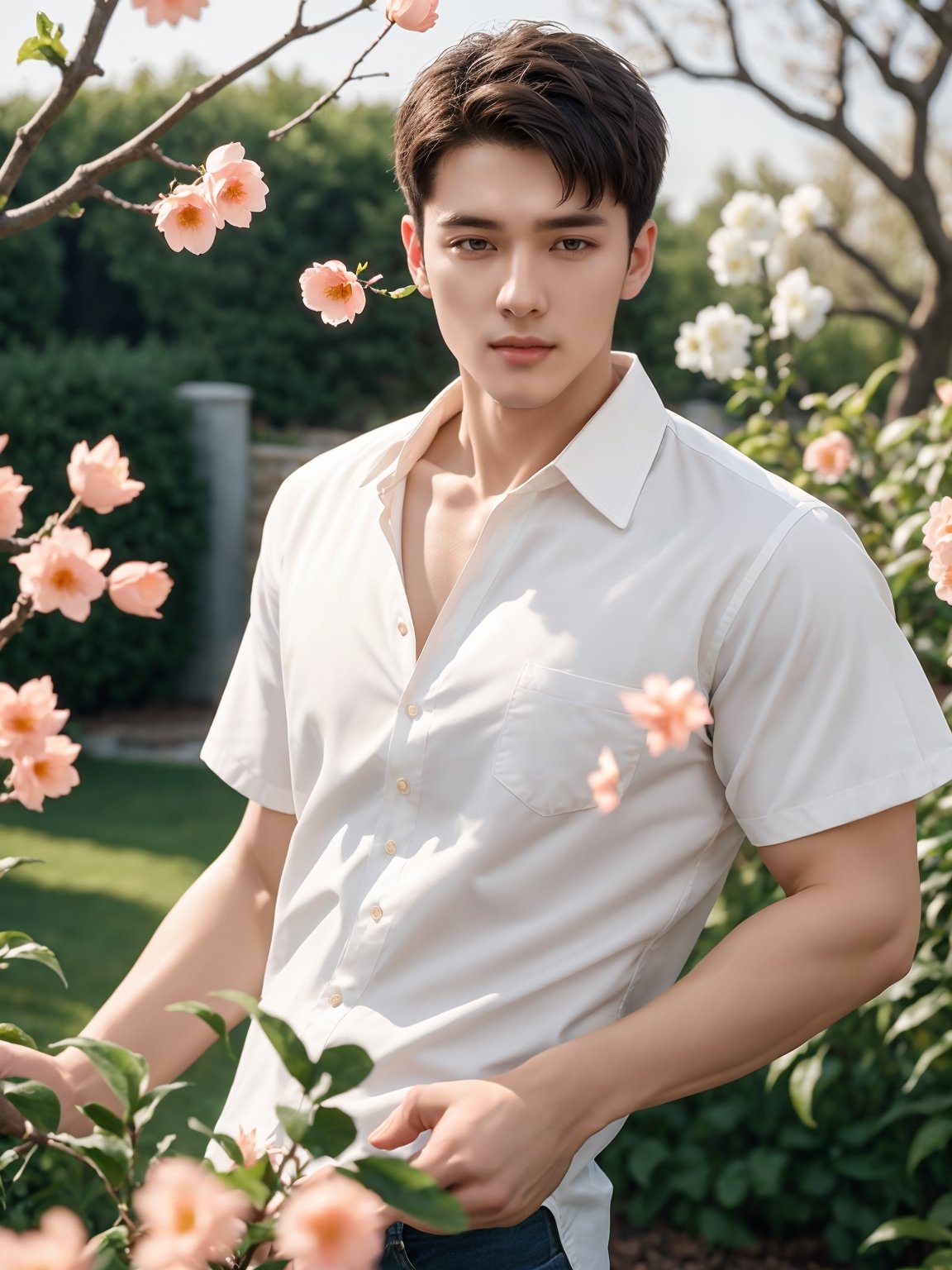 masterpiece, 1 Man, Handsome, Look at me, Brown eyes, Short hair, Oil head, White shirt, 22 years old, Outdoor, Garden, Peach tree, Flying petals, textured skin, super detail, best quality