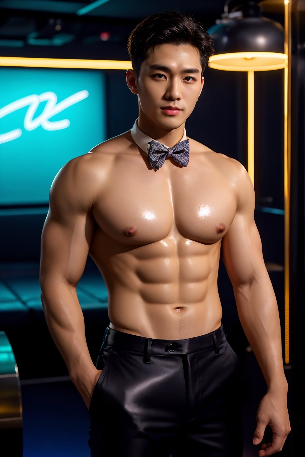 masterpiece,1 Man,Look at me,Handsome,Indoor,Nightclub,Neon light,Light and shadow,Greasy and shiny skin,Black trousers,Bow tie,Muscle,Topless,textured skin,super detail,best quality,