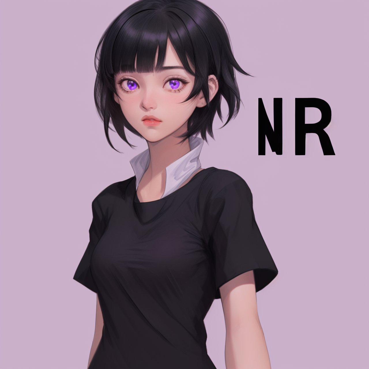 i need a female character with black short bangs hair which looks like this. Her eyes are purple and she is short. 
