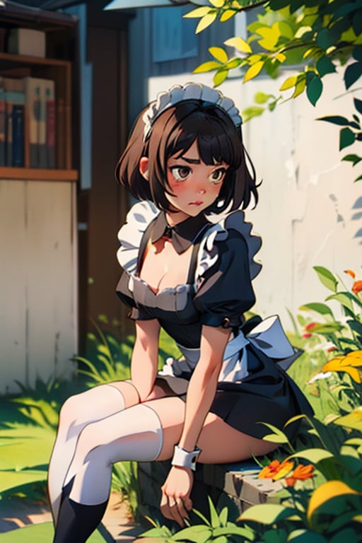 maid dress, black_hair, short_hair, straight_hair, black kneesocks, brown eyes, pretty, 