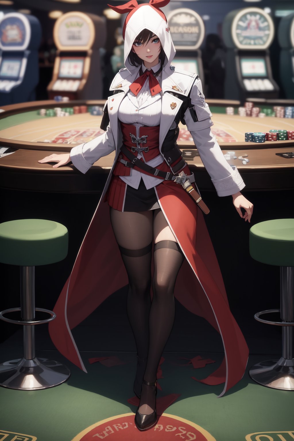 puss in the boot  with assassin's Creed  outfit in a casino, full_body, 