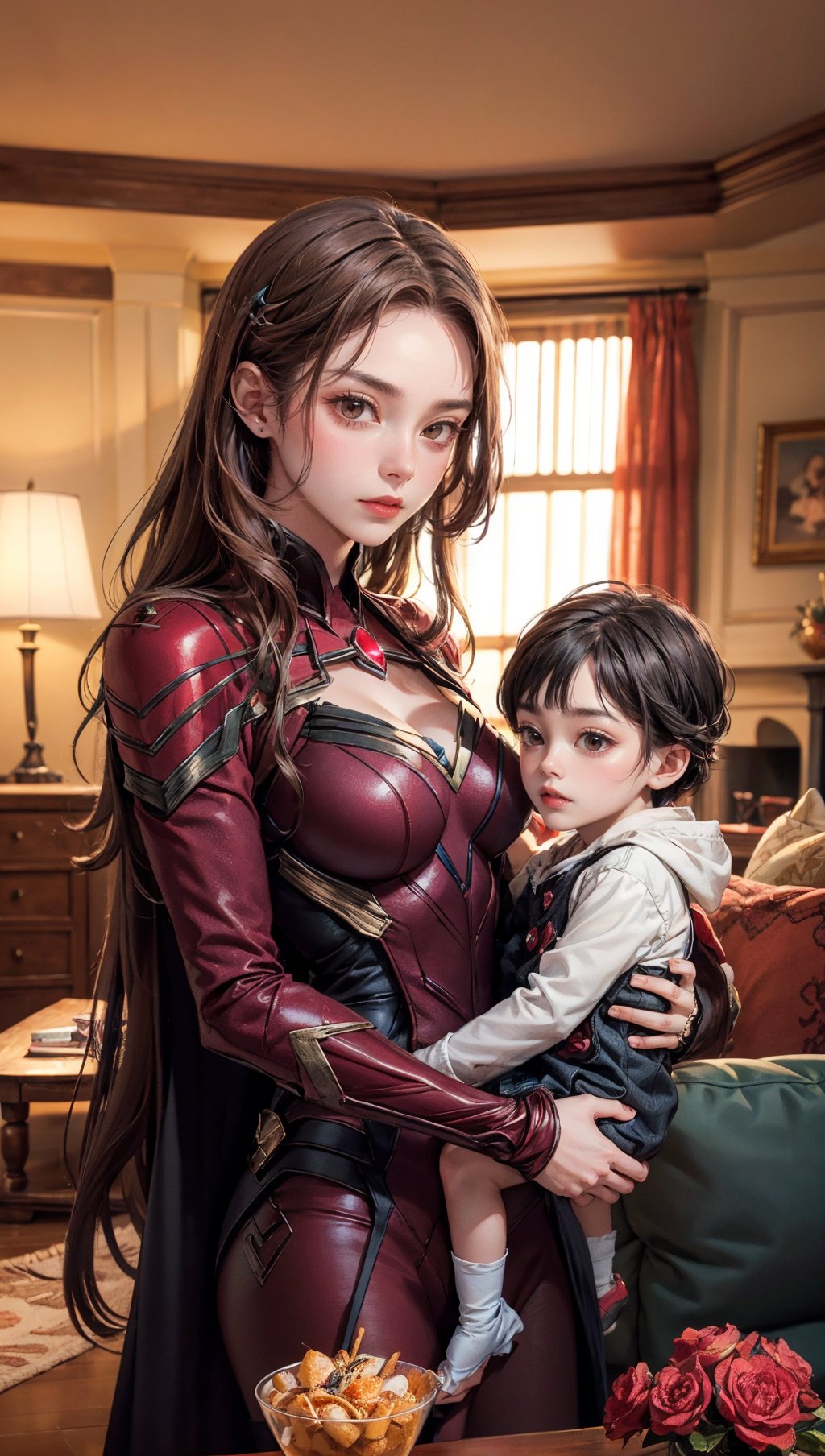 Subject: A photorealistic portrayal of Scarlet Witch as a caring and attentive babysitter, engaging with a group of children in a cozy and inviting living room.

Type of Image: Photorealistic digital illustration.

Art Styles: Realism and heartwarming family photography.

Art Inspirations: High-quality portrait photography of families and children, candid and genuine moments, and Scarlet Witch's nurturing side.

Environment: Indoor, in a warm and comfortable living room filled with toys and playful decor, creating a welcoming atmosphere.

Camera Shot Type: Candid shot.

Camera Lens: 70mm short telephoto lens.

View: Front view capturing Scarlet Witch's warm smile as she interacts with the children.

Render Style: Highly detailed and hyper-realistic, capturing the textures of Scarlet Witch's costume, the expressions of the children, and the cozy ambiance.

Lighting: Soft and natural light, creating a warm and inviting glow in the living room.

Color Type: A mix of warm and comforting colors, enhancing the cozy and family-oriented feel of the scene.

Related Information: 8K resolution, ensuring every detail, from Scarlet Witch's caring expression to the children's playful interactions, is exquisitely displayed, perfect for large prints or high-resolution displays.
