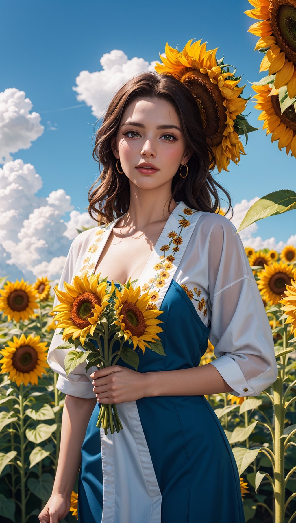 ultra detailed oil painting of a stunning woman in traditional outfit from Ukraine, surrounded by sunflowers, blue sky with summer clouds, hand-painted, art by MSchiffer, sharp focus, colorful, high contrast, 