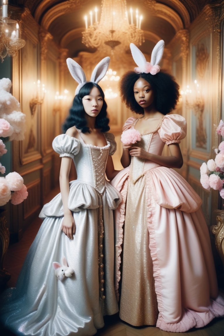 lomo photography of fullbody shot of two young women, one girl of European appearance, the second Asian and a black woman, they are in a rococo atmosphere, there are a lot of flowers around them, fluffy bunnies, pearls and small birds, pastel colors, an atmosphere of tenderness and slight playfulness, by the way, they are real witches, but they carefully hide it, evocative environmental portraits, atmospheric ligt, film grain, silver and gold, spectralist, glitchy, light leaks, motion blur, high rezolution 12k,glitter