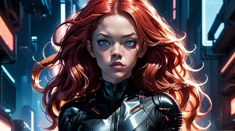 Sydney Sweeney with long flowing red hair wearing a futuristic black jumpsuit, cyberpunk core, hyperdetailed and ultrarealistic with cinematic dramatic rim lighting, drawn in the comic book line art style of Frank Cho