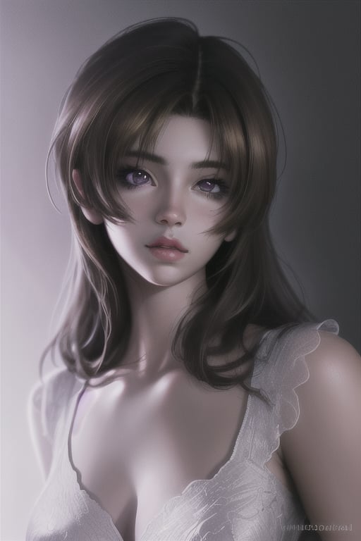 beautiful brunette with high lights, in the style of cartoon realism, trace monotone, anime-inspired, realistic lighting, violet, fine and detailed, digitally enhanced