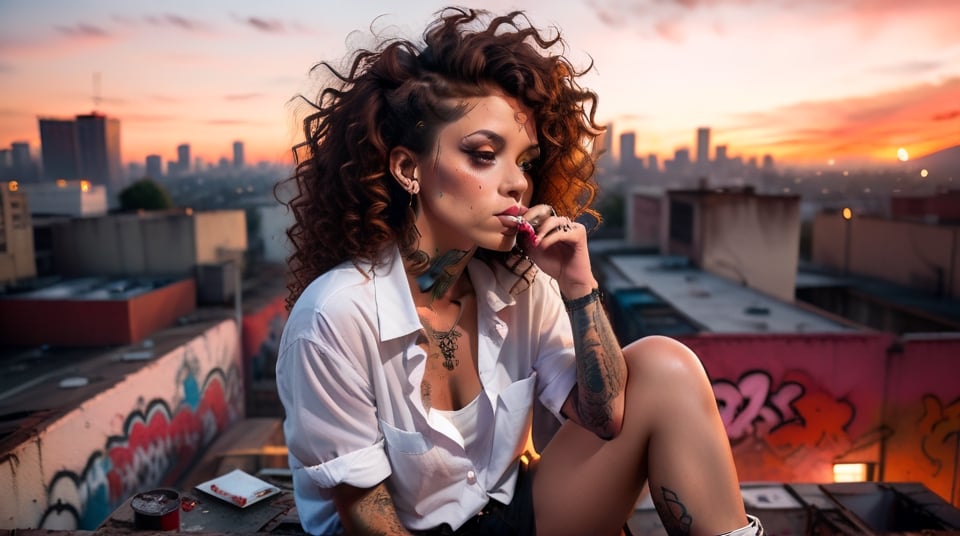 a woman wearing a white shirt, thick brown curly hair and tattoos, sitting on the roof with legs hanging off the edge of a graffiti covered building, smoking a cigarette, low angle shot from behind,cinematic photography, La city during sunset, with orange and red lighting, horror movie luts, horror movie haze, lighting blur haze, 35mm