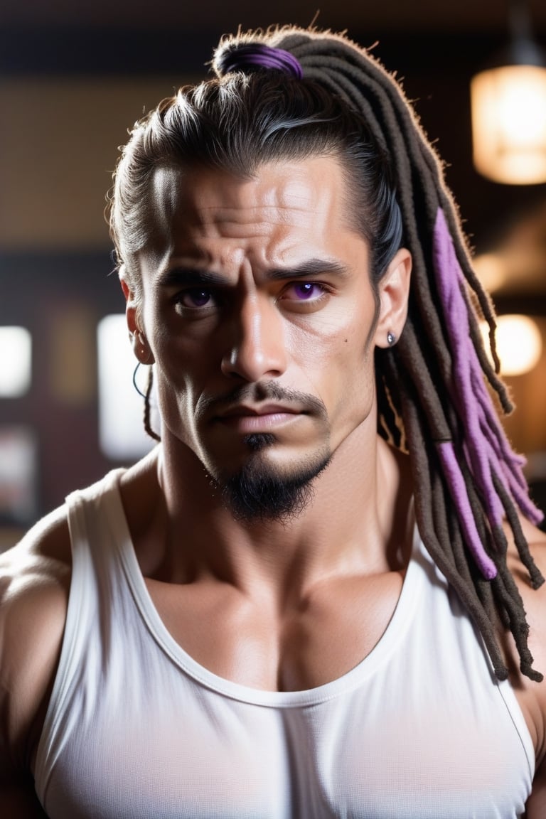 A manly man with black hair in long dreadlocks tied in a high ponytail, muscular, hairy, purple eyes, big eyebrows, thick sideburns, wearing a white tank top and an open checked shirt, barman