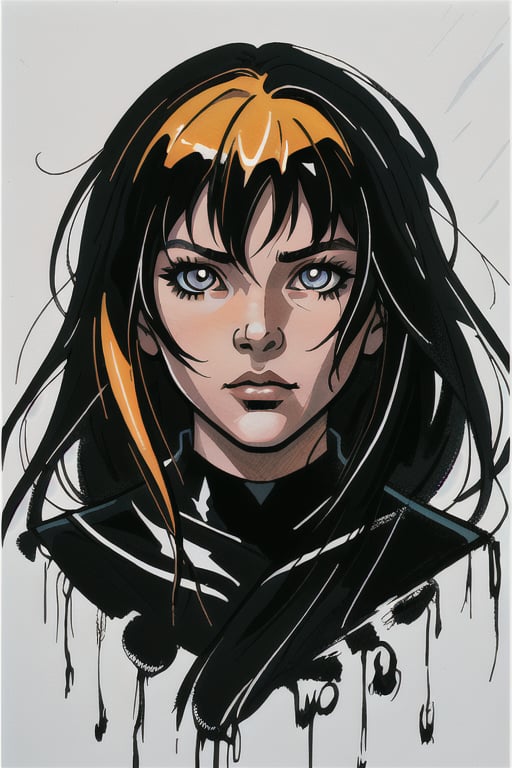 a graphic art illustration of a young girl looking at the camera, in the style of dark orange and light black, hard edge painter, anime-inspired characters, drip painting, eye-catching detail, jagged edges, large-scale portraits