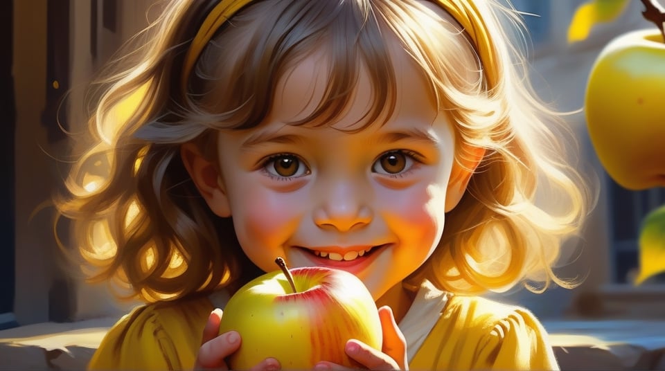 
A lovely child smiled and held a big yellow apple in her hand, close-up, in the style of raphael lacoste, sunny impressionism, dmitri danish, charming anime characters, yellow, raw character, post-painterly