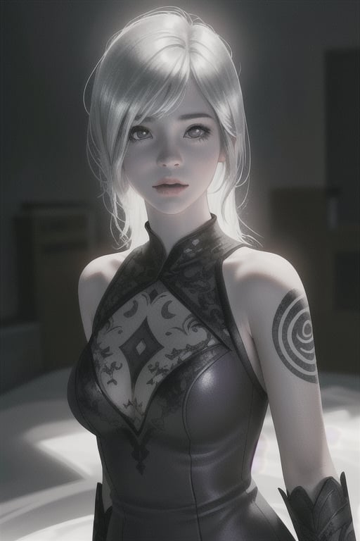  the girl is wearing a black and white dress, in the style of realistic rendering, light silver and light purple, detailed facial features, cartoon mis-en-scene, photo-realistic techniques, heavy inking, soft lighting