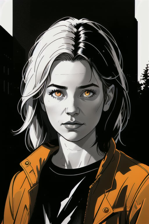 a picture of a girl wearing an orange jacket outdoors, in the style of realistic depiction of light, simplified and stylized portraits, airbrush art, dark symbolism, high contrast lighting, jagged edges, realistic color palette