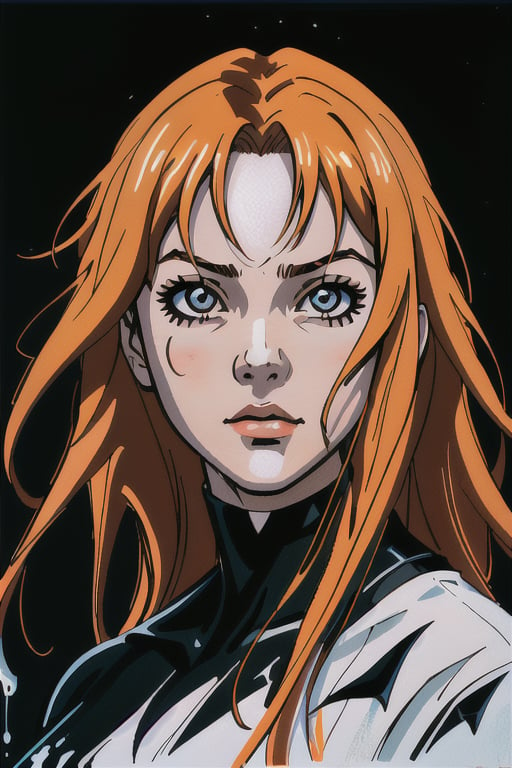 a graphic art illustration of a young girl looking at the camera, in the style of dark orange and light black, hard edge painter, anime-inspired characters, drip painting, eye-catching detail, jagged edges, large-scale portraits