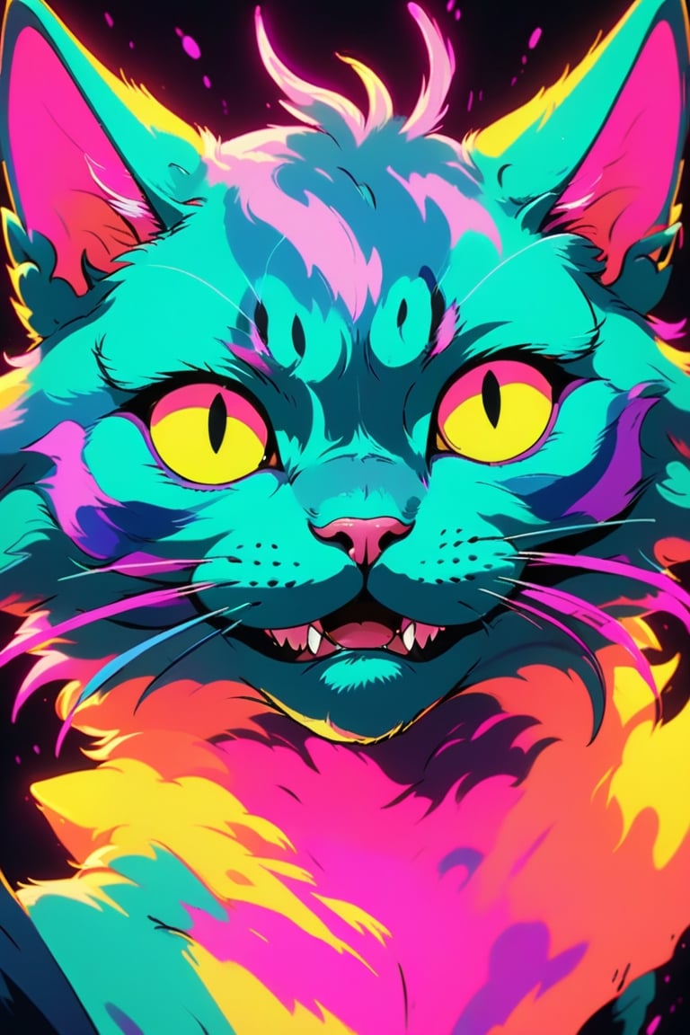 Lofi neon colors 80s anime still of a cat face zoomed, retro fashion, muted retro colors, style of Dragons Heaven