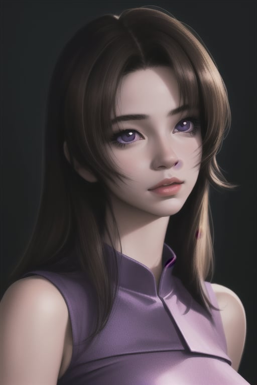 beautiful brunette with high lights, in the style of cartoon realism, trace monotone, anime-inspired, realistic lighting, violet, fine and detailed, digitally enhanced